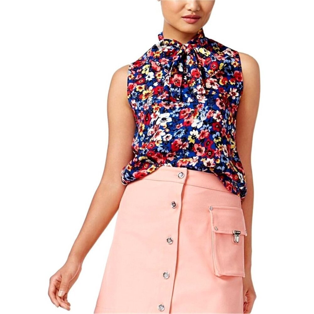 Love Moschino Shirt Women 4 Blue‎ Floral Tie Neck Sleeveless Blouse Top Boho